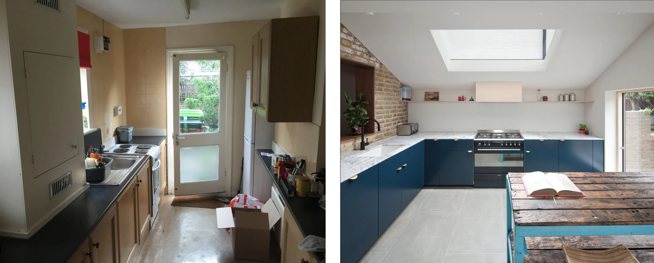 Picture Frame House: Before and after the works to the kitchen