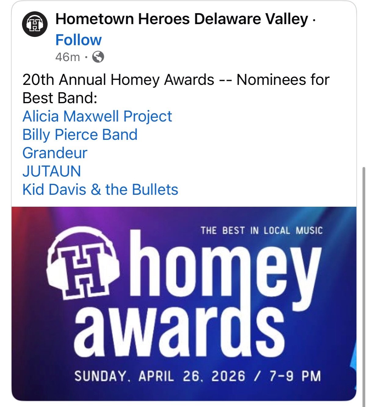 Well now! We&rsquo;ve officially been nominated for a bunch of Hometown Heroes Delaware Valley 2025 Homey Award categories including: Best Band, Best New Album (Amsterdam), Best Songwriter (Michael Davis), Best Guitarist (Pat Kane), Best Drummer (Pau