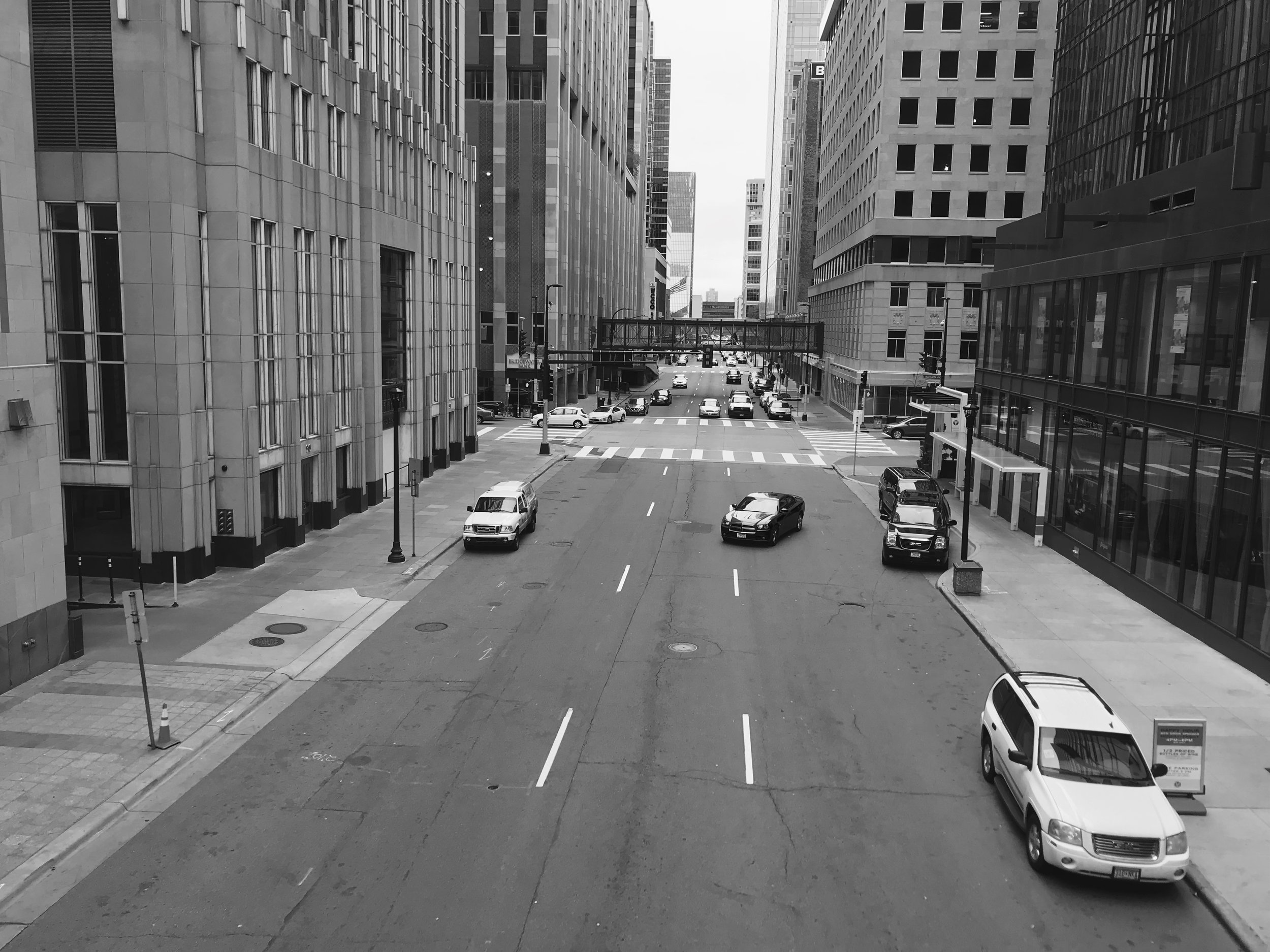 A recent photo of Downtown Minneapolis around lunch time on a workday