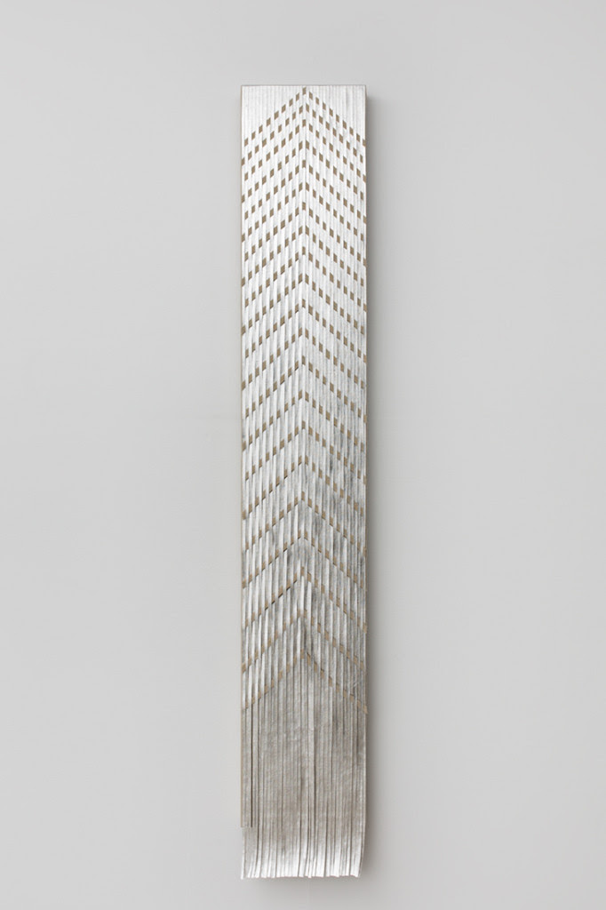 North , 2014, Composition metal leaf on linen on wood panel, 58 x 9 inches