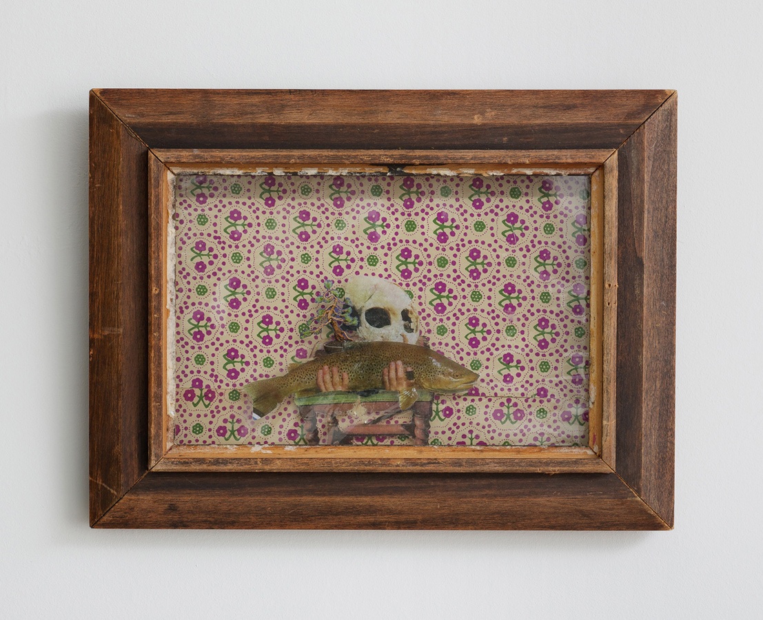 Still Life with Vanitas Symbols , 2012 Xerox, vinyl, book board, decorated paper, vintage wood frame, 12 x 9 inches