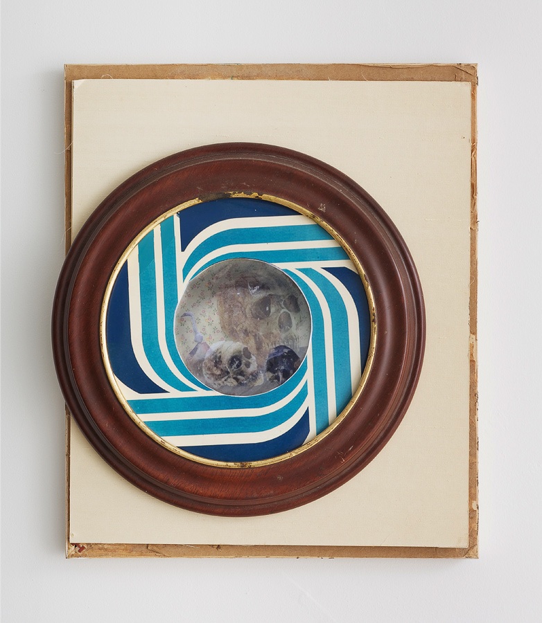 Still Life on the Back of the Portrait of a Science Fiction , 2012 Xerox, vinyl, photograph, vintage wood frame, book board, decorated paper, 14 x 11 inches 