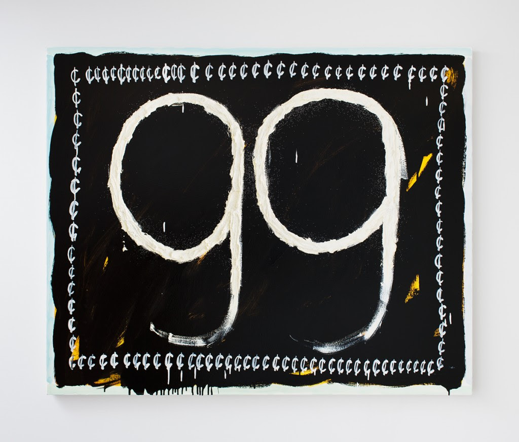99 Cents, Lotto, T-Shirts, Newspaper, Candy , 2013, Oil, enamel and glitter on canvas, 48 x 54 inches