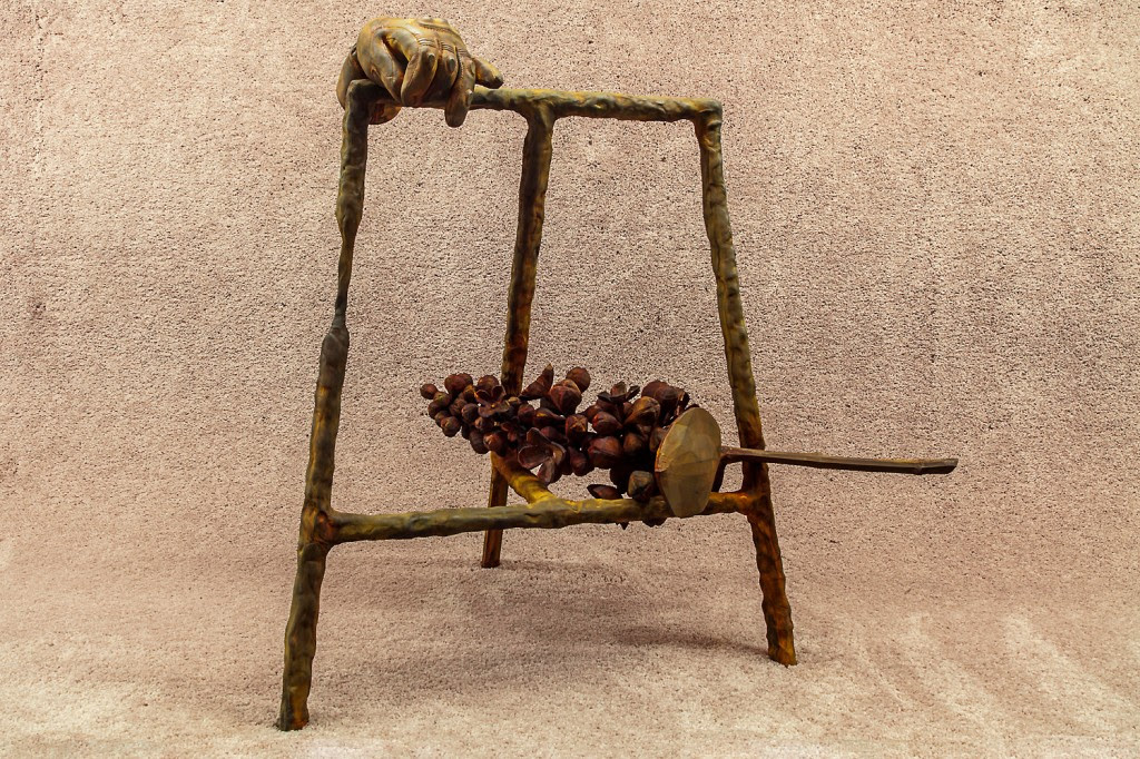 A portrait of a young lady with a lilac in his hand , 2013 Aluminum, magic sculpt, abs 3D print, cast aquaresin, oxidized iron paint, 30 x 19 x 20 inches