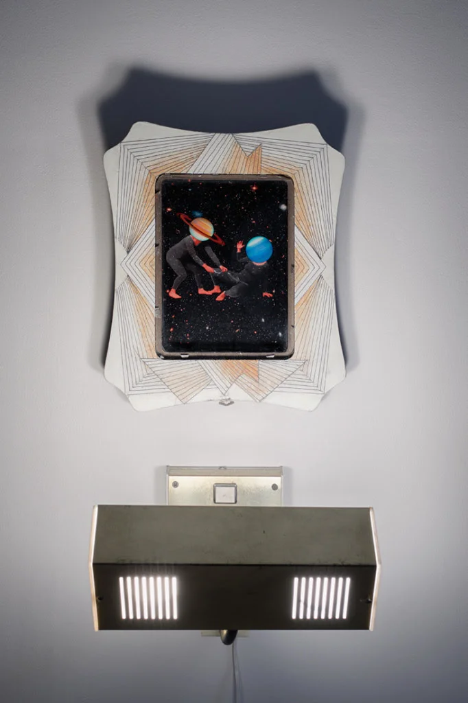 Uranus was frightened his offspring would depose him so he hid them away in the center of the earth, until his son Cronus castrated him, 2014, C-print, paint, thread, light, 9 x 6 inches