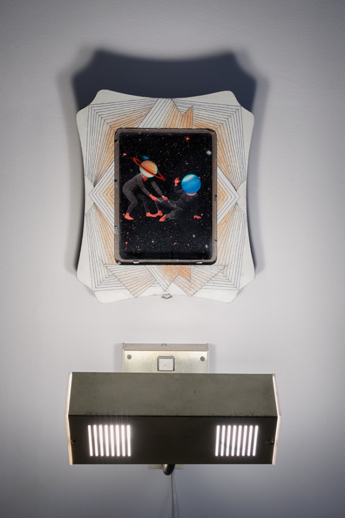 Uranus was frightened his offspring would depose him so he hid them away in the center of the earth, until his son Cronus castrated him, 2014, C-print, paint, thread, light, 9 x 6 inches