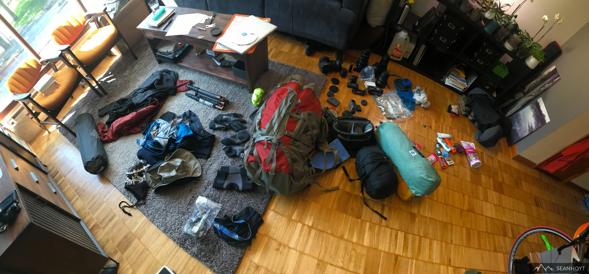 Gregory Baltoro 70L pack filled with: Three Legged Thing Eddie carbon fiber tripod sans ball head, tent, sleeping bag, bear canister (not shown), sleeping pad, two Nikon D750, Sigma Art 35mm 1.4, Sigma Art 50mm 1.4, Nikon 14-24mm 2.8, Gigapan Pro V, Camelbak 2L, Sawyer water filtration.