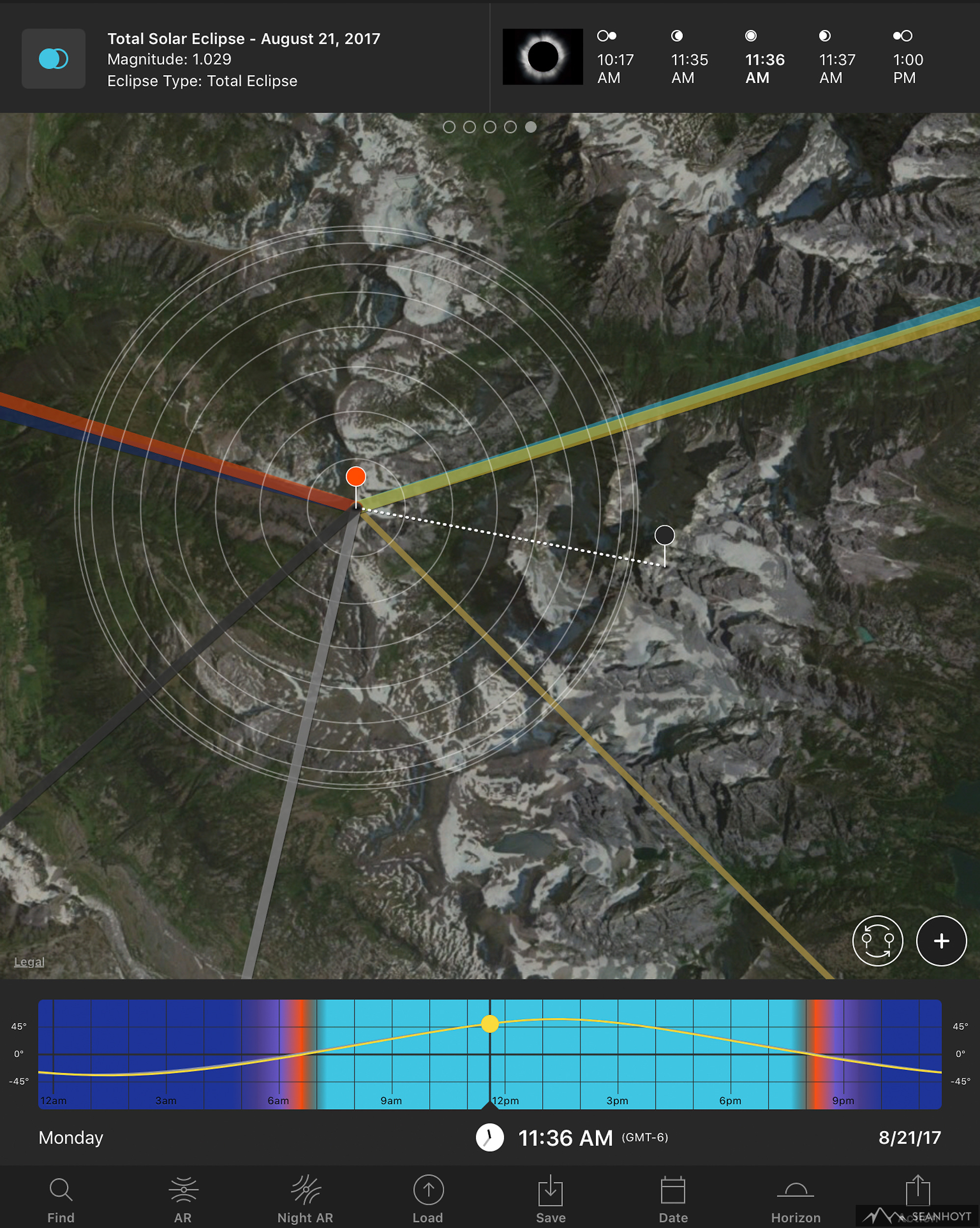 Photopills App for iOS - Table Mountain is the Orange Pin. The tallest peak, Grand Teton, is the Black pin. The thin yellow line is the sun and moon during eclipse to the Southwest.
