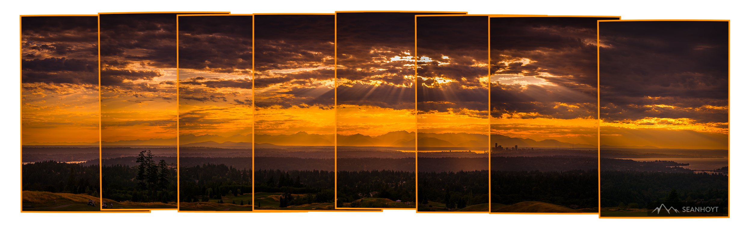 An 8-photo sequence of the Olympic Mountain Range seen past Seattle to the West taken from Newcastle, WA