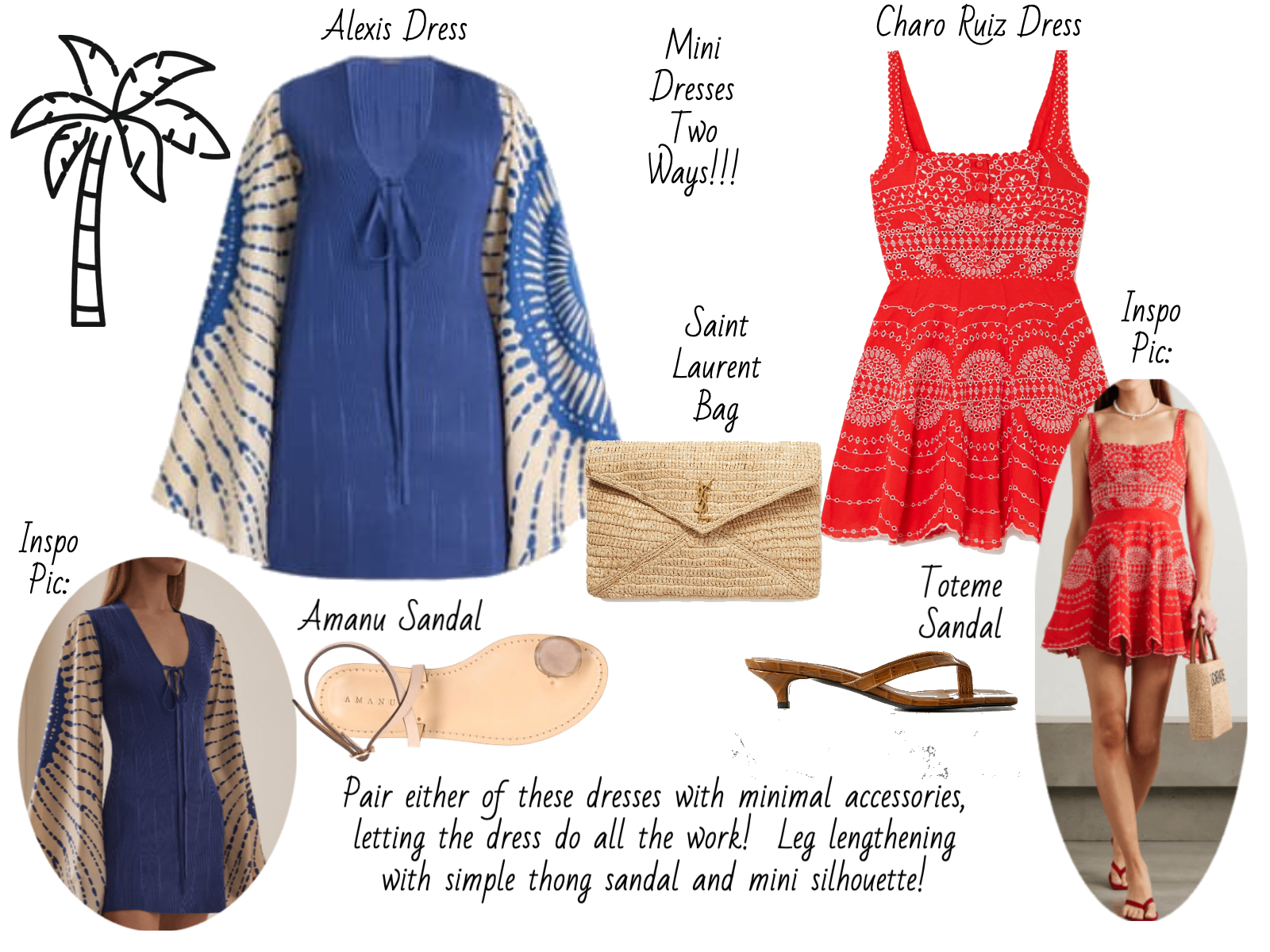 Digital lookbook page styling a summer travel outfit for a vacation lunch