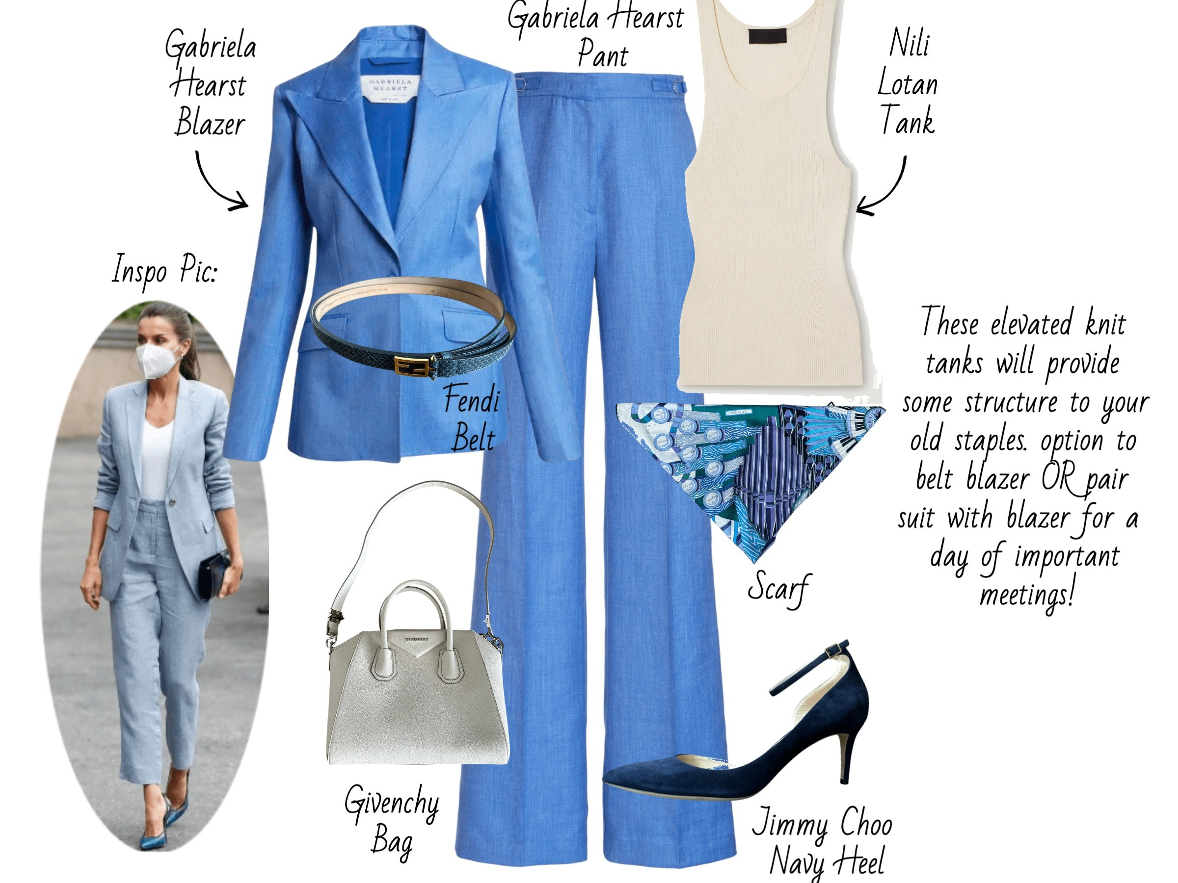 Digital lookbook page styling a blue suit with tank, belt, bag and heels for a business presentation