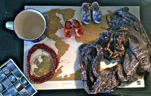 Above: ceramic mug & berry necklace from Project Bly, mini Dutch clogs (gifted), Indonesian scarf (gifted), elephant buddha, lotus statue, and postcard set from Firefly in Abbott Kinney (Venica, CA), and a Scratch Map