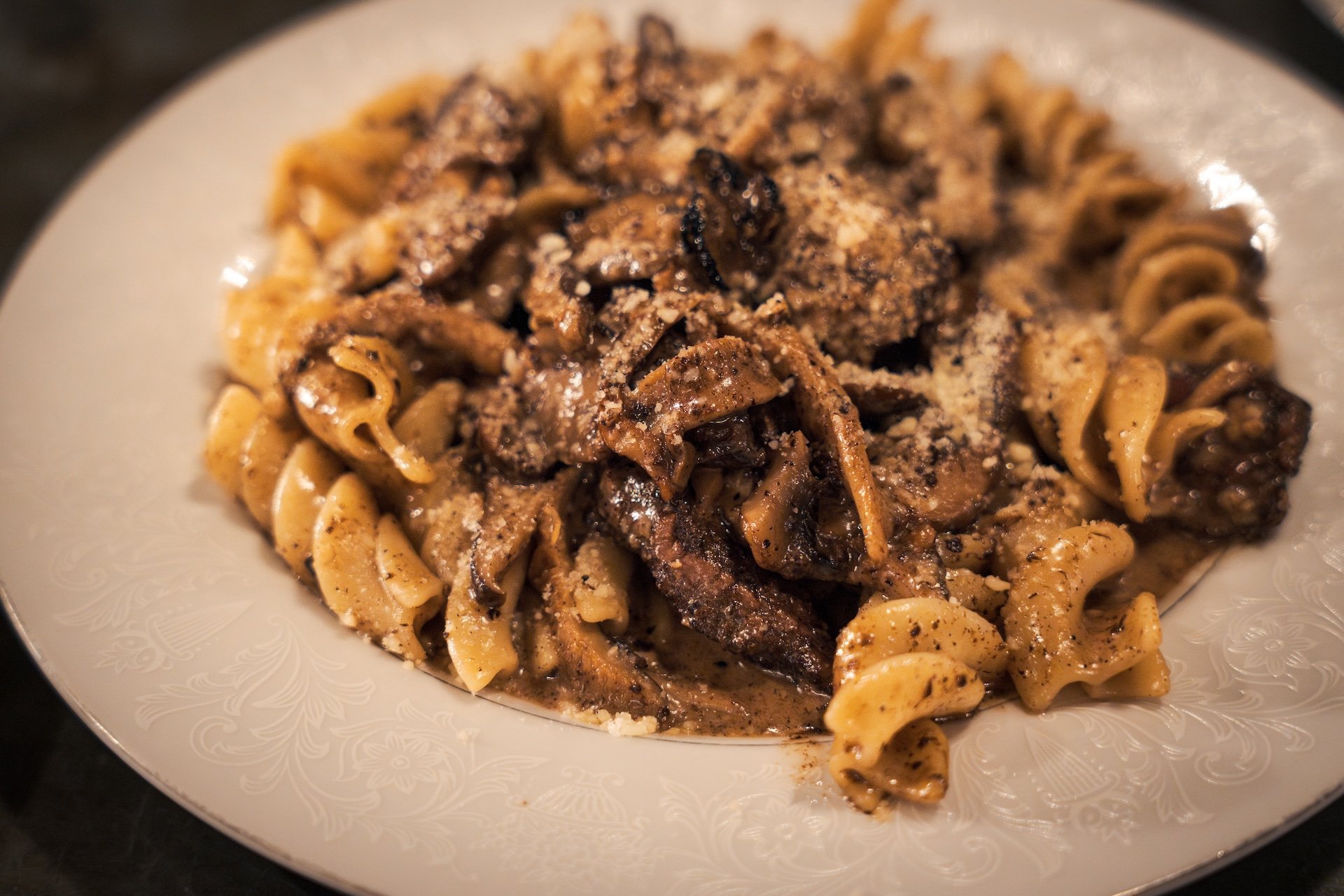 Adelinas pasta specials include this mushroom and filet fusilloni pasta with porcini cream sauce,  shaved black truffle, and Pecorino Romano
