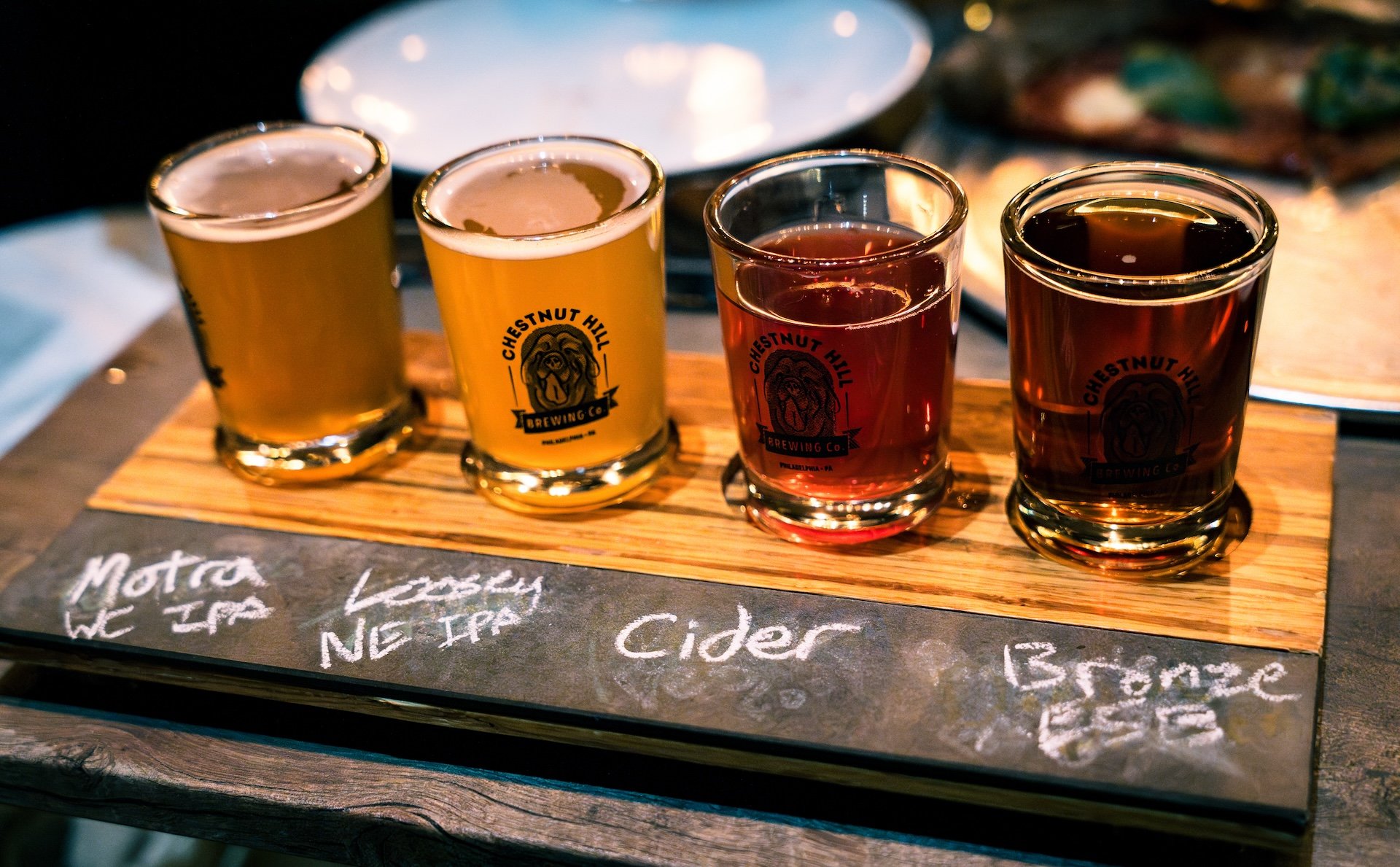 Flights of beer at Chestnut Hill Brewing Co.