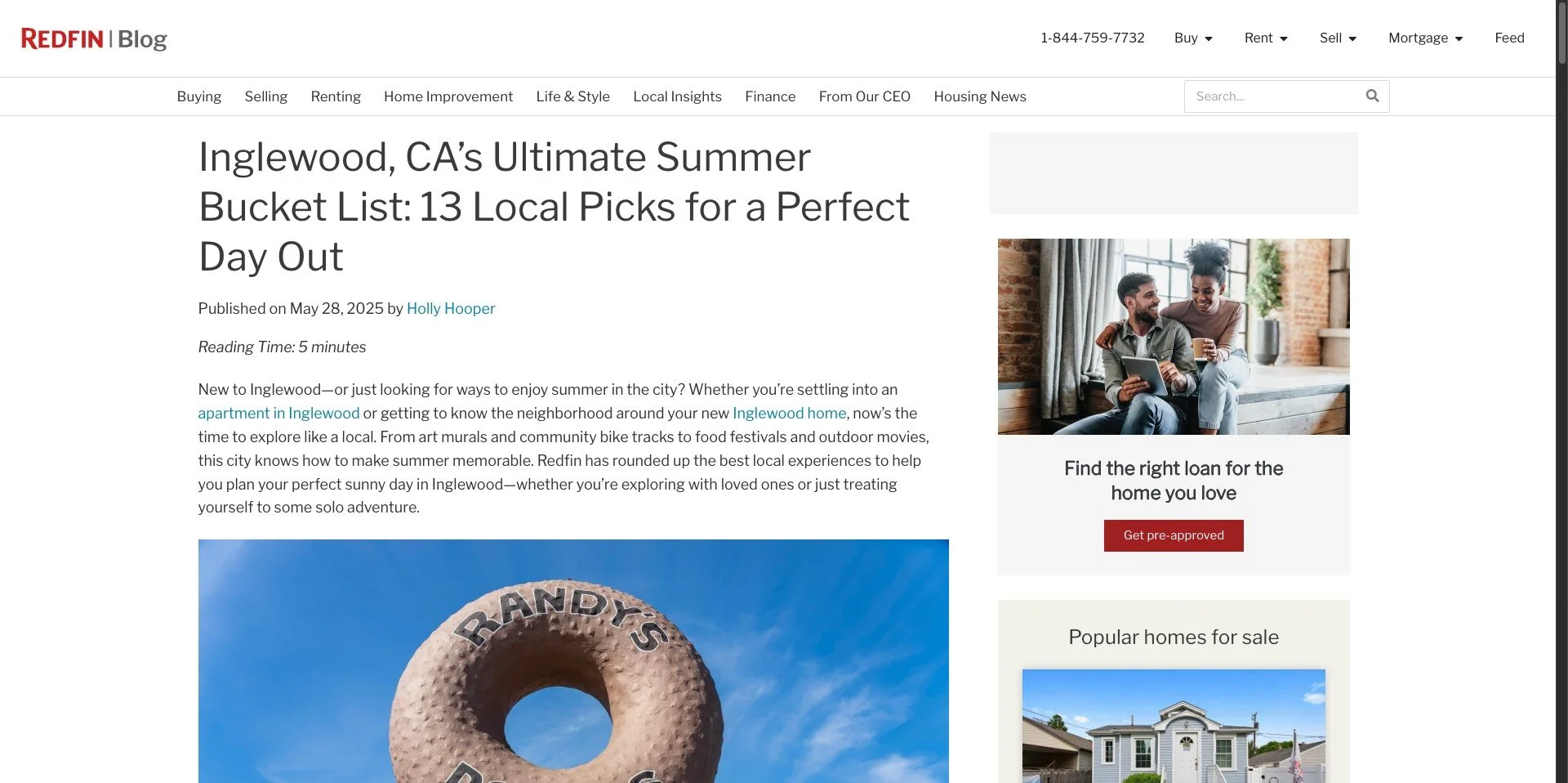 A screenshot of the top of the web page for the Redfin article that Maxx242 is featured in at #8, titled, 8. Discover this powerful mural hidden in Crenshaw Imperial Plaza