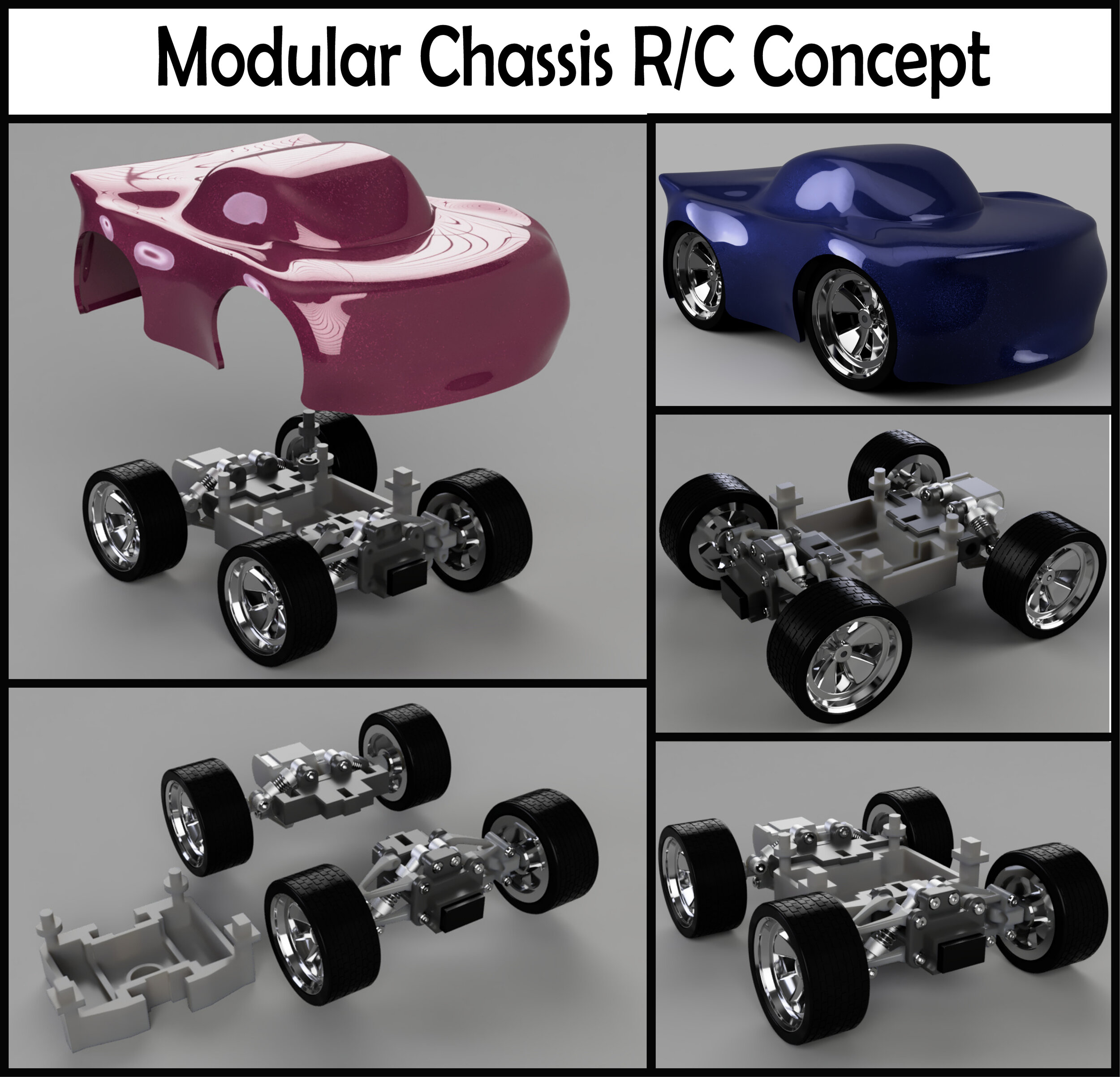  Modular design of the chassis to allow swapping out of front and rear clips to change suspension, motor, or other electronic features. 