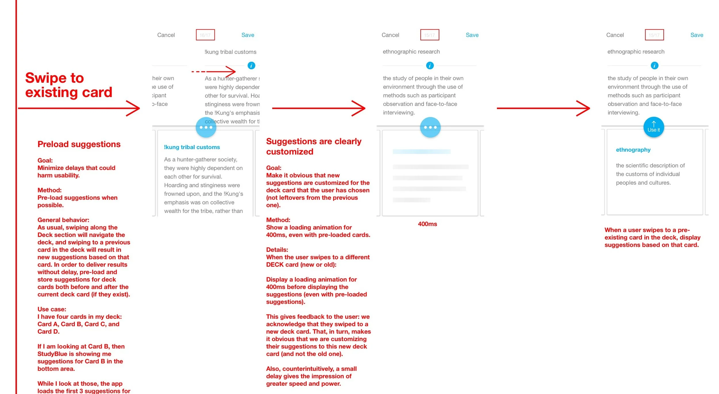 Establishing rules for swiping interactions in the mobile Recommended Cards feature
