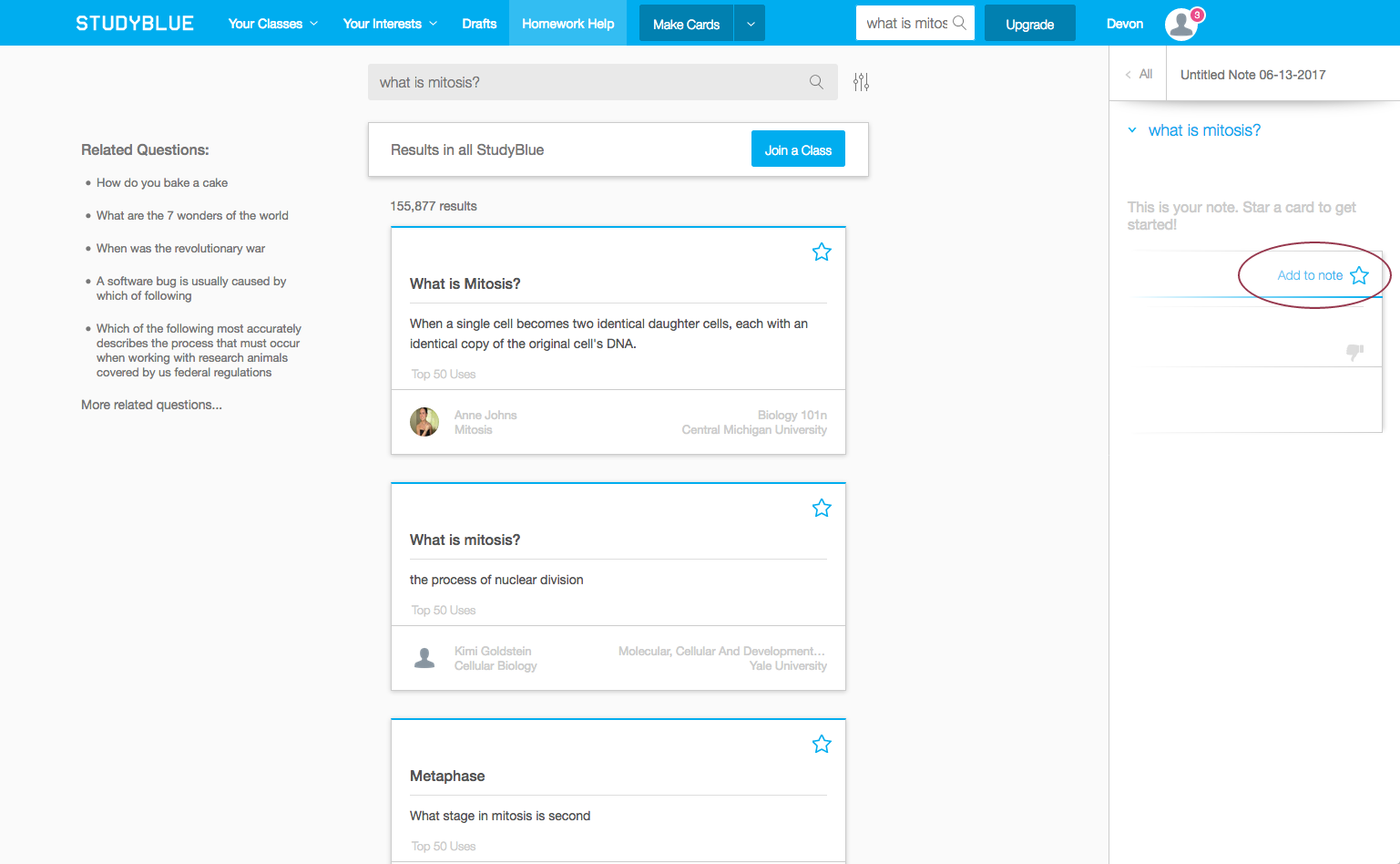 The web version of Homework Help, complete with a "notes" sidebar.