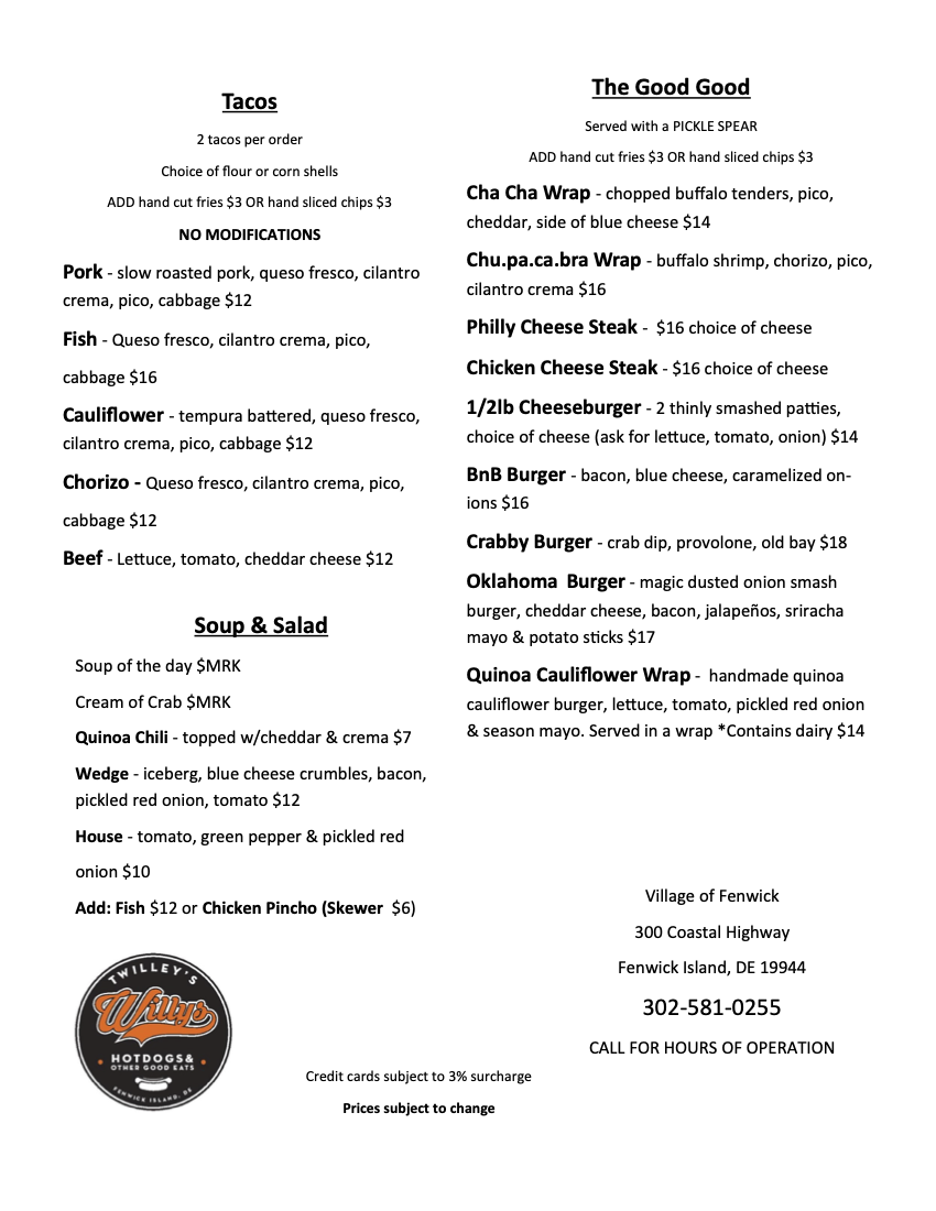 Menu from Twilley's restaurant listing various food items including tacos, soups, salads, and various burger options, with prices.