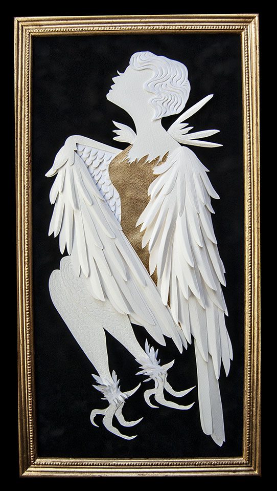 HARPY Hand cut paper/ Metal Leaf Dimensions: 11” x 21.25” (Framed)