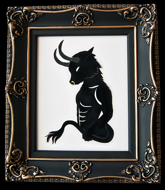 MINOTAUR Hand Cut Paper/ Metal Leaf Dimensions: 12.5” x 14.75” (Framed)