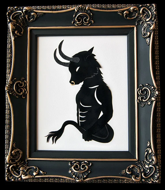 MINOTAUR Hand Cut Paper/ Metal Leaf Dimensions: 12.5” x 14.75” (Framed)
