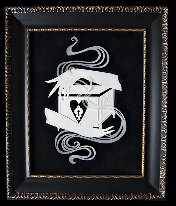  PANDORA’S BOX Hand Cut Paper &amp; Vellum  Dimensions: 15” x 18” (Framed)  
