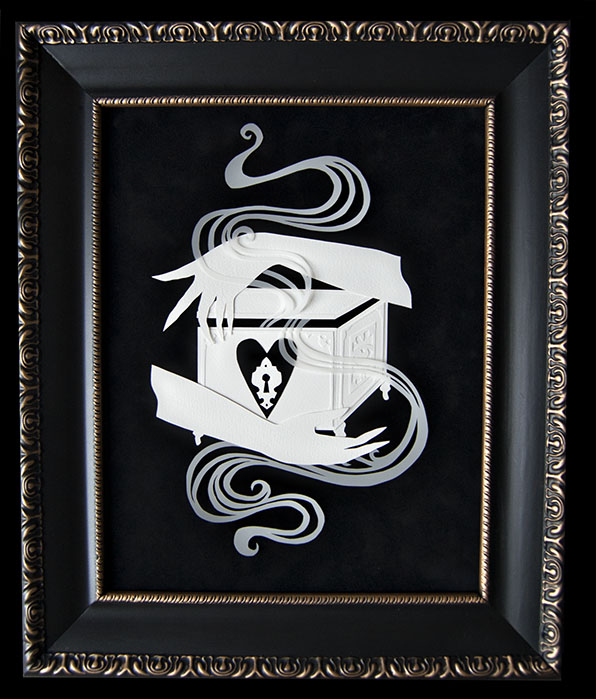 PANDORA’S BOX Hand Cut Paper & Vellum Dimensions: 15” x 18” (Framed)
