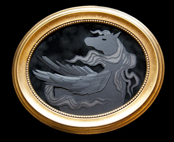 PEGASUS Hand Cut Paper & Vellum Dimensions: 12.5” x 10.5” (Framed)