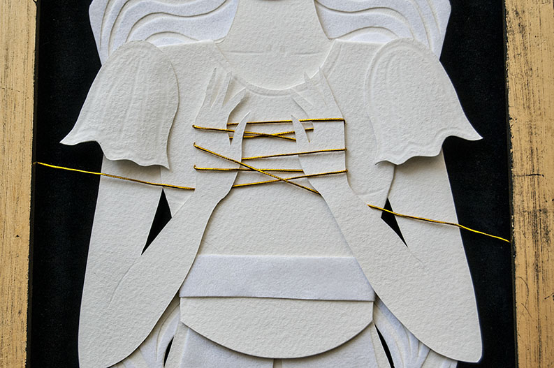 THE FATES: DETAIL OF LACHESIS Hand Cut Paper, Vellum, Metallic Cord