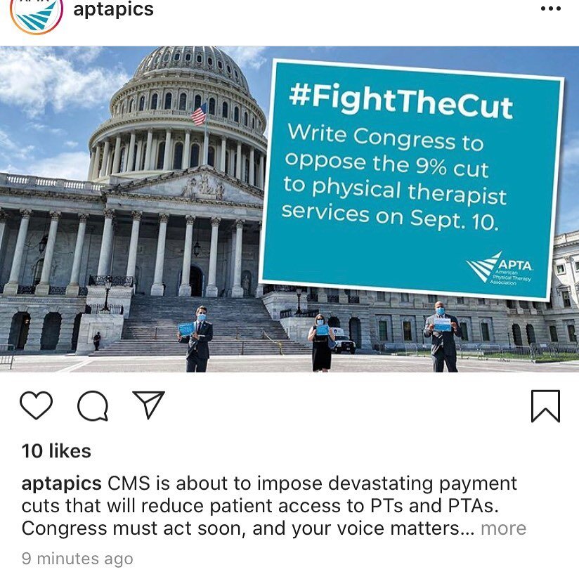 Please write to Congress and tell them you value PT! These cuts would be devastating to small businesses like ours and may force us to no longer accept Medicare clients. See our Facebook page for a quick link!  #apta #fightthecut #physicaltherapy