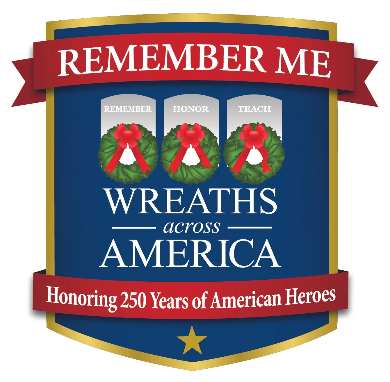 Emblem with a red ribbon reading 'Remember Me' and three wreaths labeled 'Remember,' 'Honor,' 'Teach.' Below, text reads 'Wreaths across America,' and at the bottom, a red ribbon says 'Honoring 250 Years of American Heroes.'