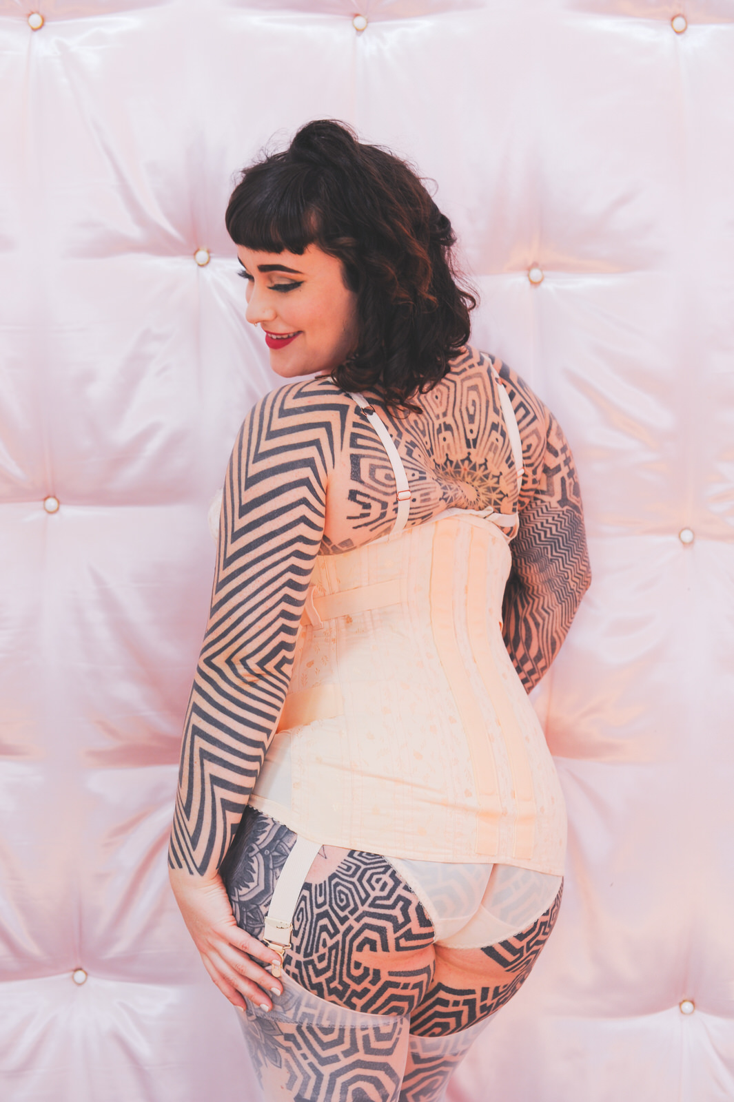 tallula darling, thic, curly hair, short bob, garter belt, sydney gfe, sydney escort, lingerie, pin up model, stockings, inked model, tattooed escort, alternative gfe, corset