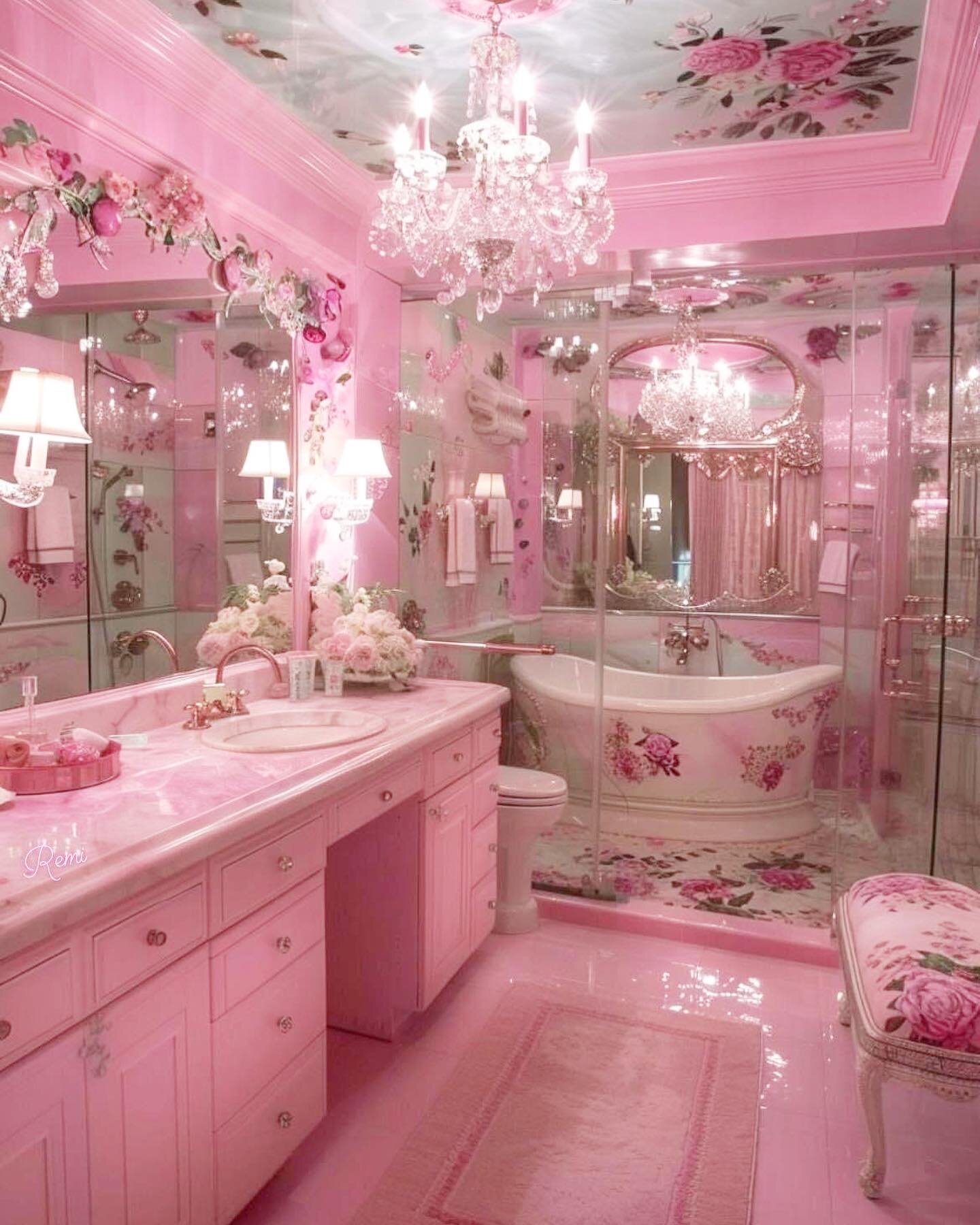 I need a bathroom like this so bad!! All the roses and the bathtub!! Oh, my!! 💕🥰🌹What do you think of this bathroom? Too much pink? For me, there&rsquo;s never enough pink! 
.
#margaritabloom #pinkbathroom #pink #roses #pinkroses #prettybathroom #