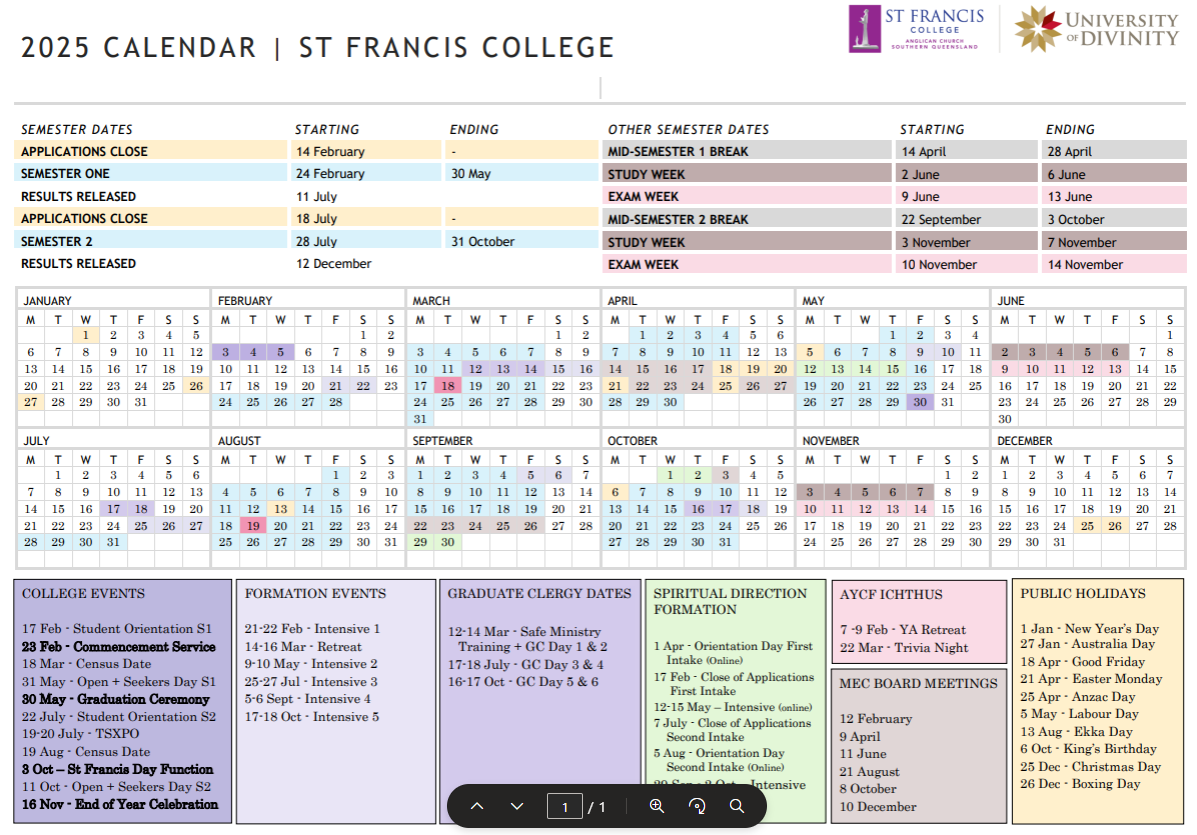 College Calendar 2025