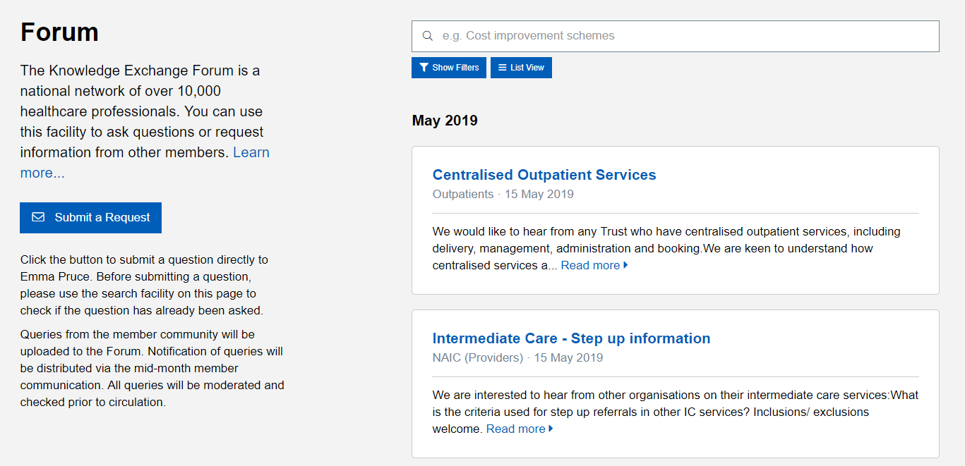 Forum Now Live NHS Benchmarking Network