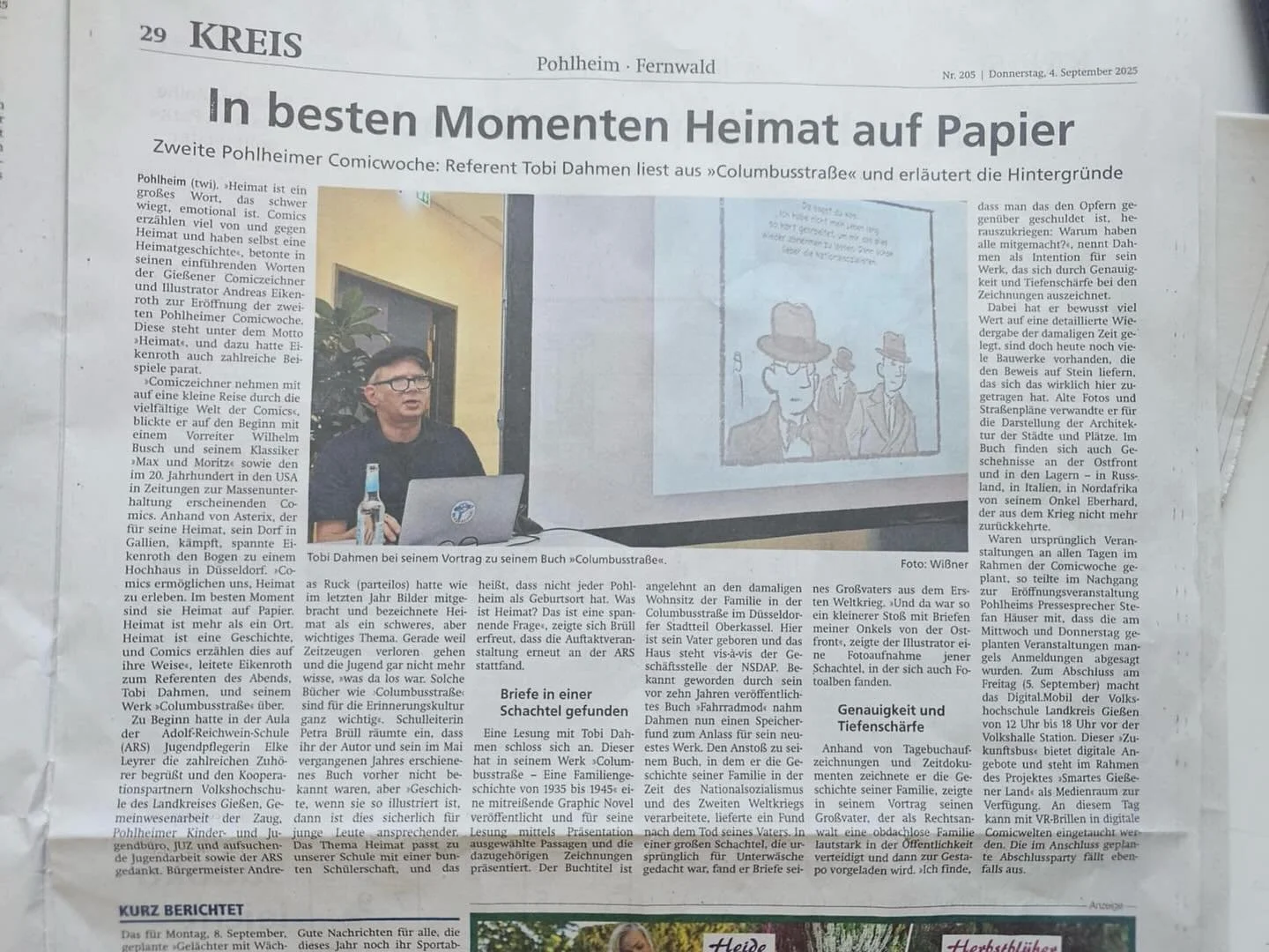 Ein schöner und ausführlicher Artikel über meine Lesung in Pohlheim bei Gießen zum Auftakt der Comicwoche. 
Es war ein so schöner Abend, umso trauriger, dass man in dem Artikel lesen muss, das viele der geplanten Veranstaltu