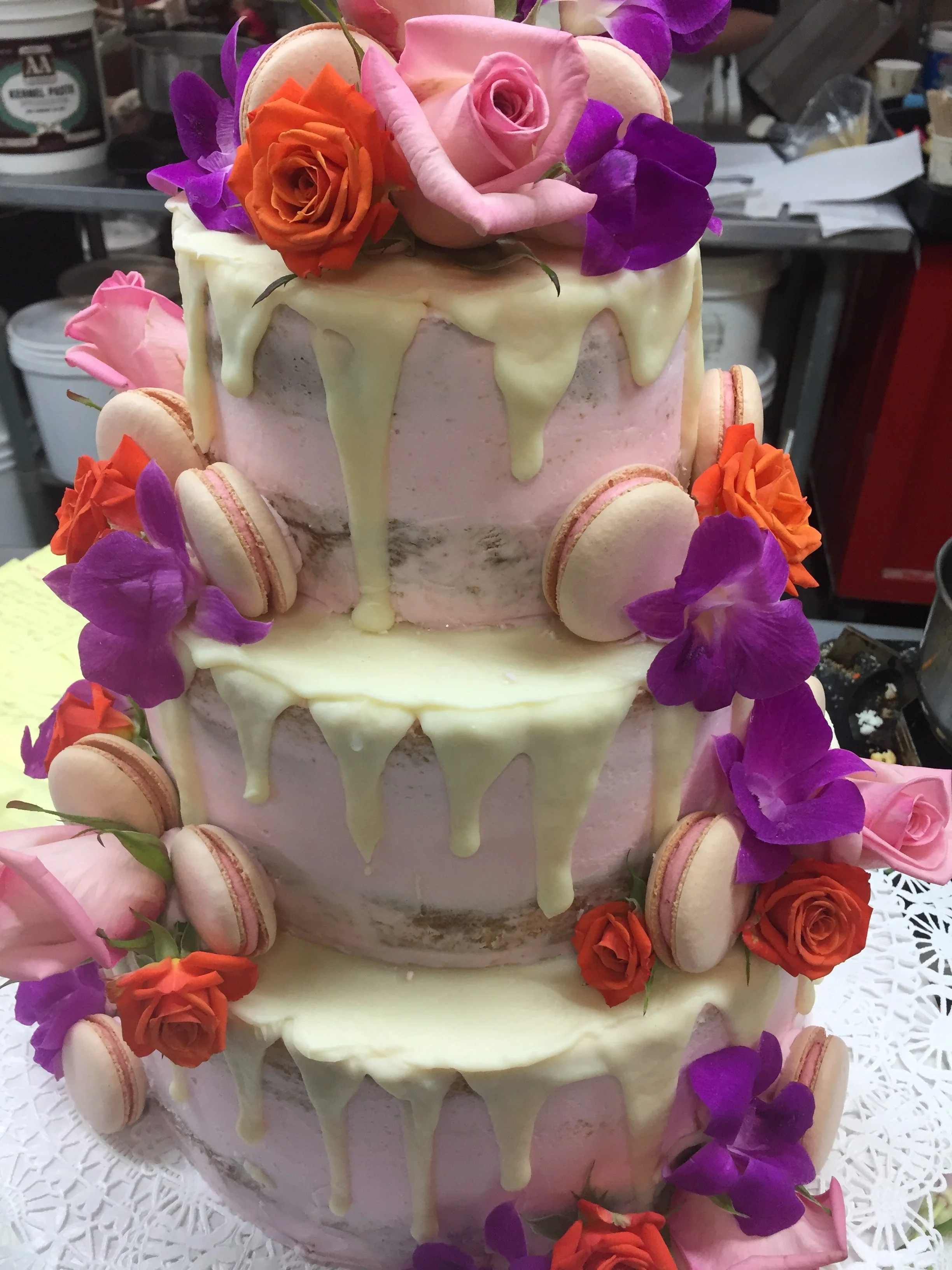 Pale Pink and Macaron Drip Cake
