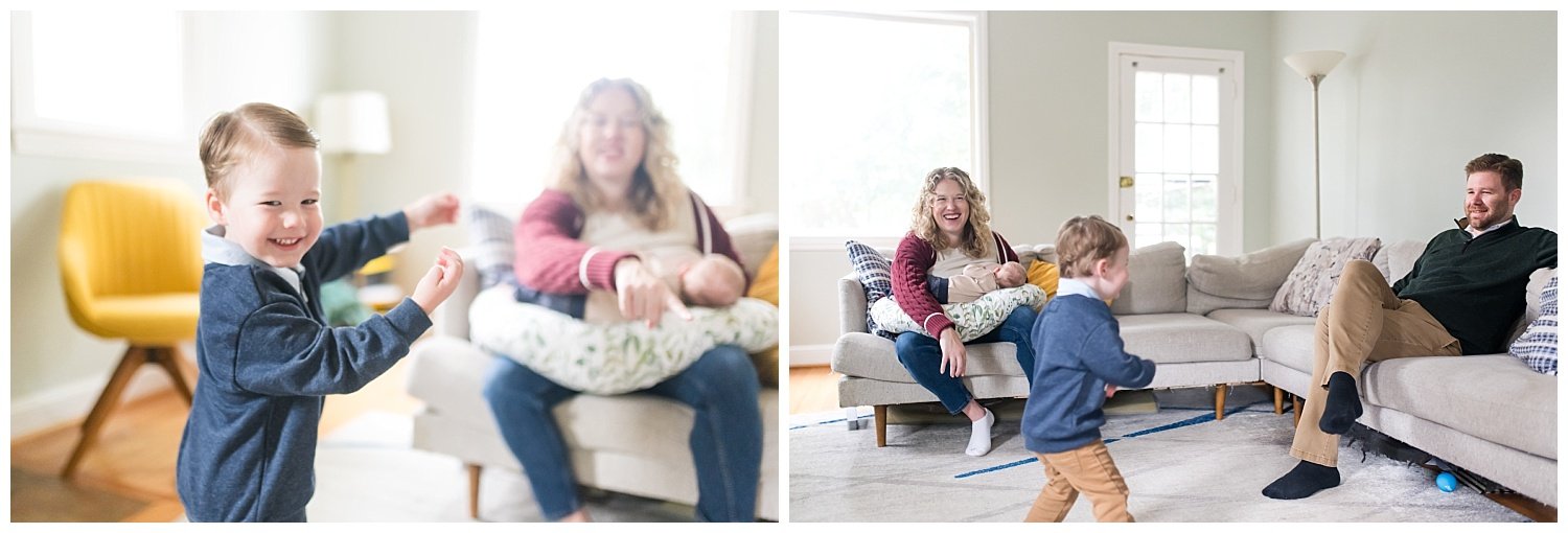 toddler boy dancing in family living room while laughing with parents at Bethesda newborn session with Tabitha Maegan