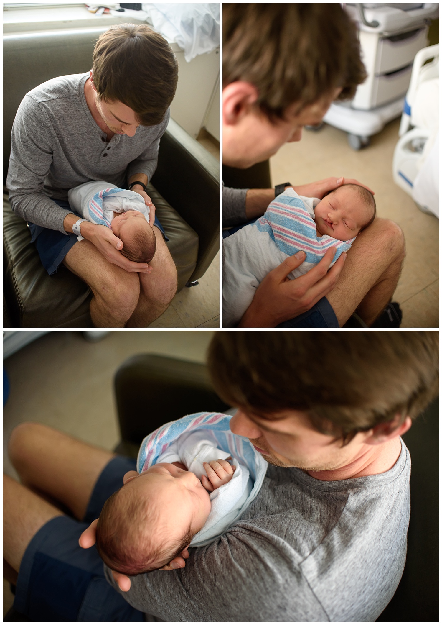 these are images of a father holding his newborn baby girl on his lap and close to his chest. the images were taken at piedmont hospital in atlanta georgia
