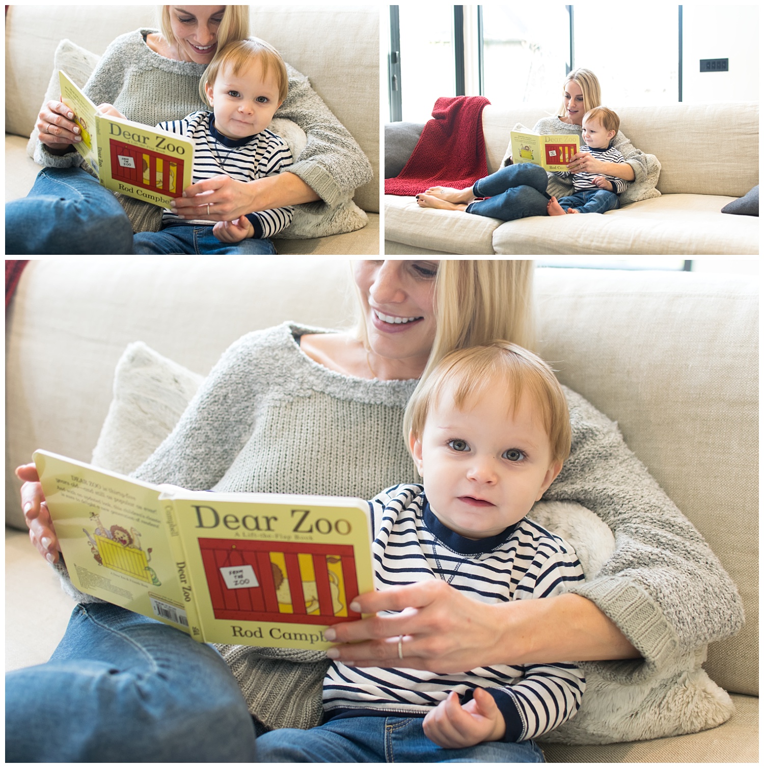 this are side by side images of a mother and her toddler son sitting on the couch reading a book during a lifestyle in home session in atlanta, georgia.
