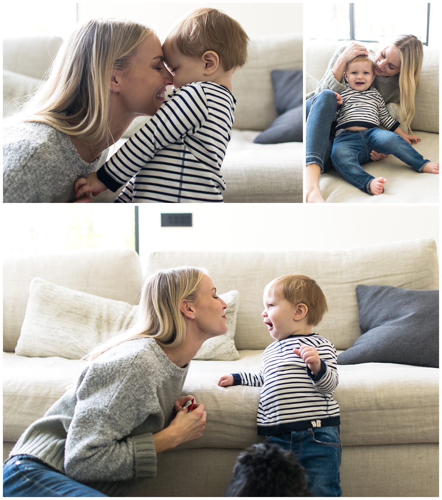 these are side by side images of a mother and her toddler son playing on the couch and snuggling with each other during an in home lifestyle session in atlanta, georgia.