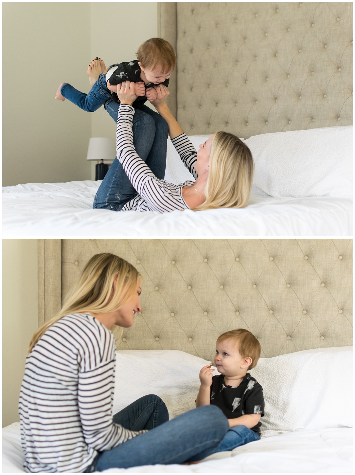 these are images of a mother and her toddler son sitting in the master bedroom playing on the bed. the images were taken during a lifestyle in home session in atlanta, georgia.