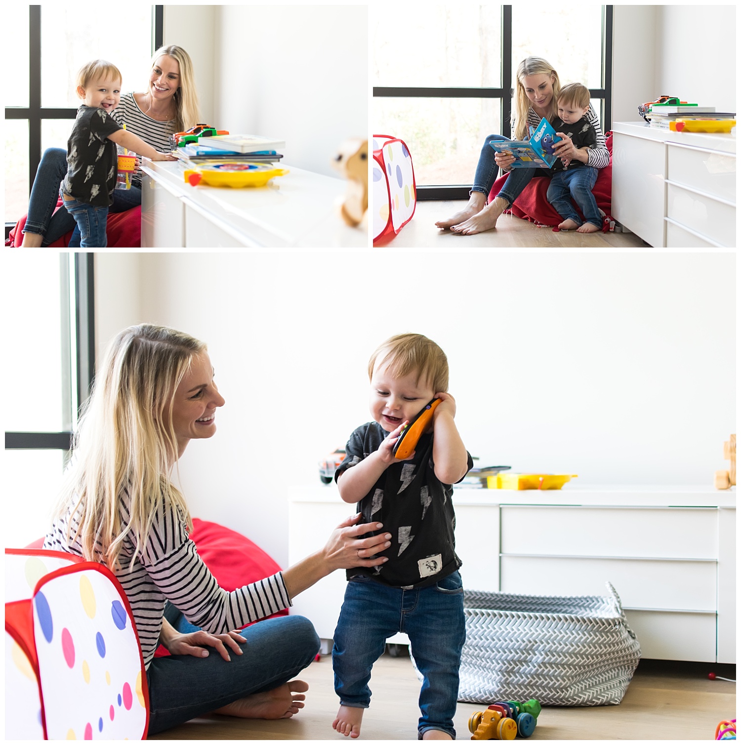 this is a small collage of a few photos of a mother and her toddler son playing in the playroom. they are reading a book and the child is playing on a toy phone.