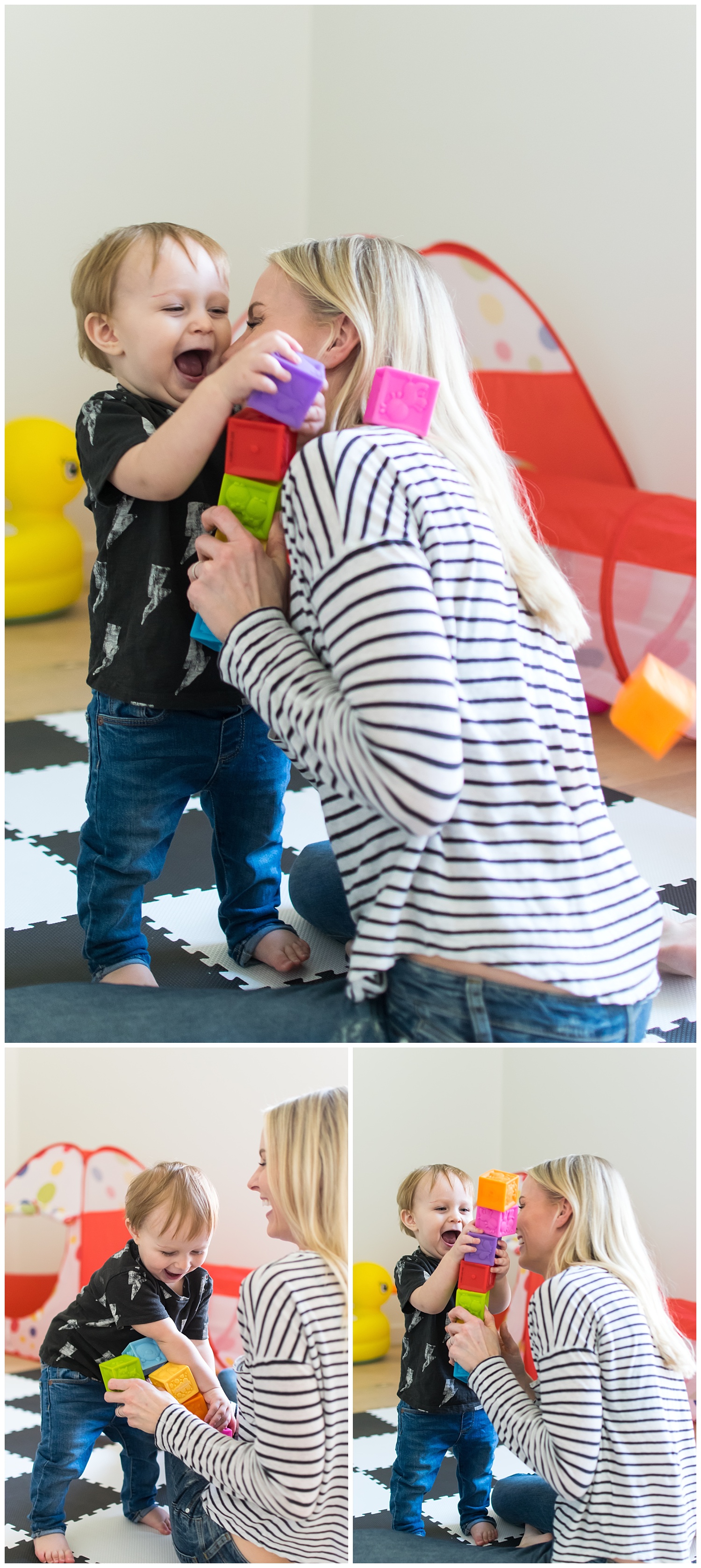 these are images of a mother and a toddler during a mommy and me session playing with blocks in the child's playroom.