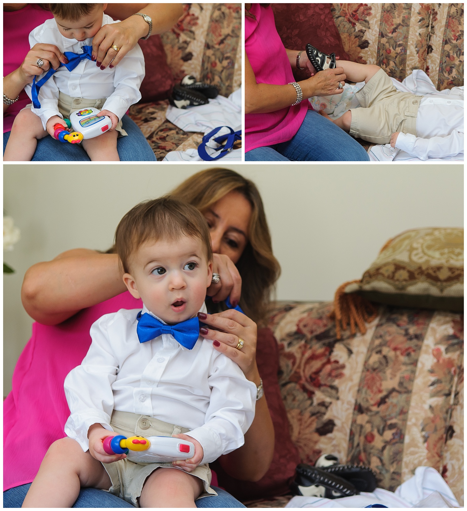 this is a collage of a grandmother dressing her grandchild boy for his one year birthday party in marietta, georgia.