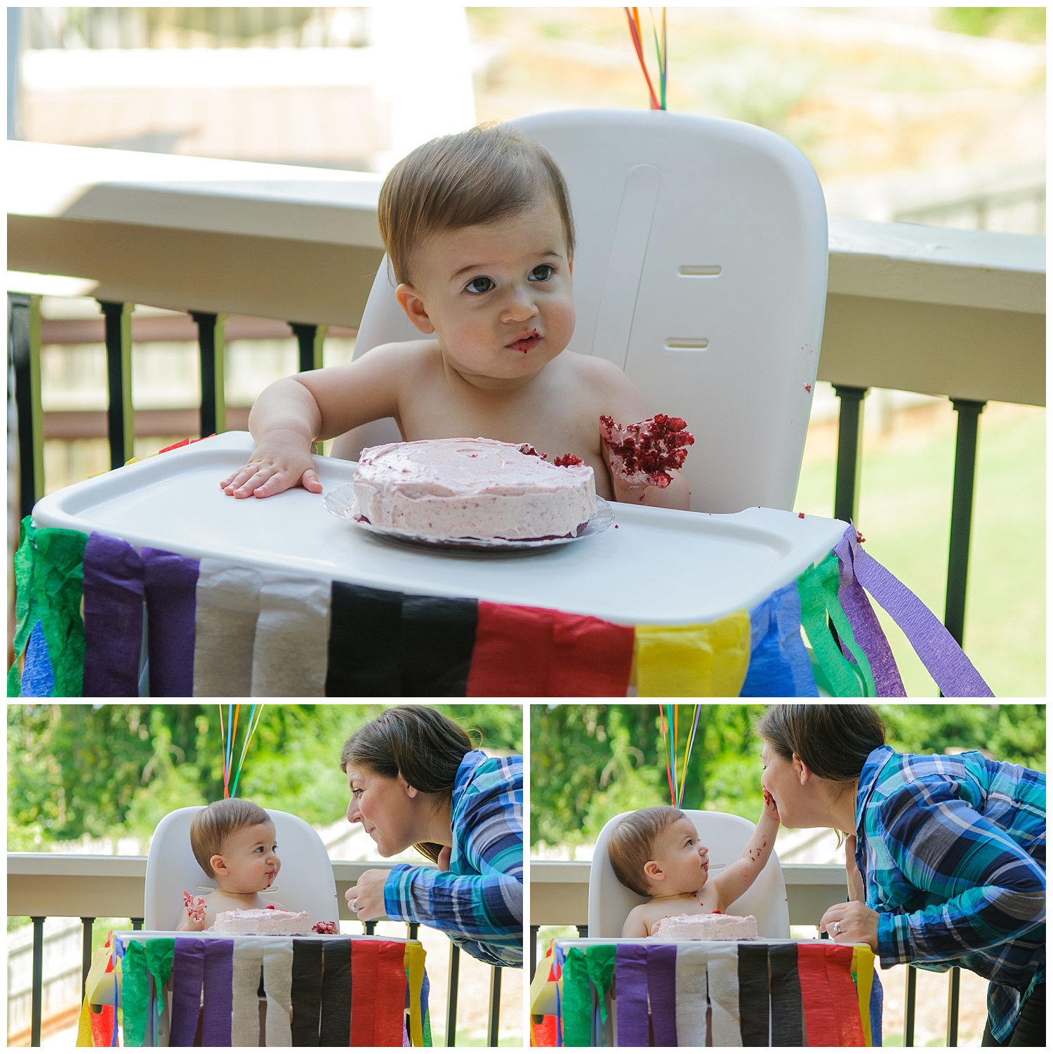 these are images of a one year old at a one year old cake smash birthday party in marietta, georgia. the child is feeding himself and he has cake all over his hands and face.