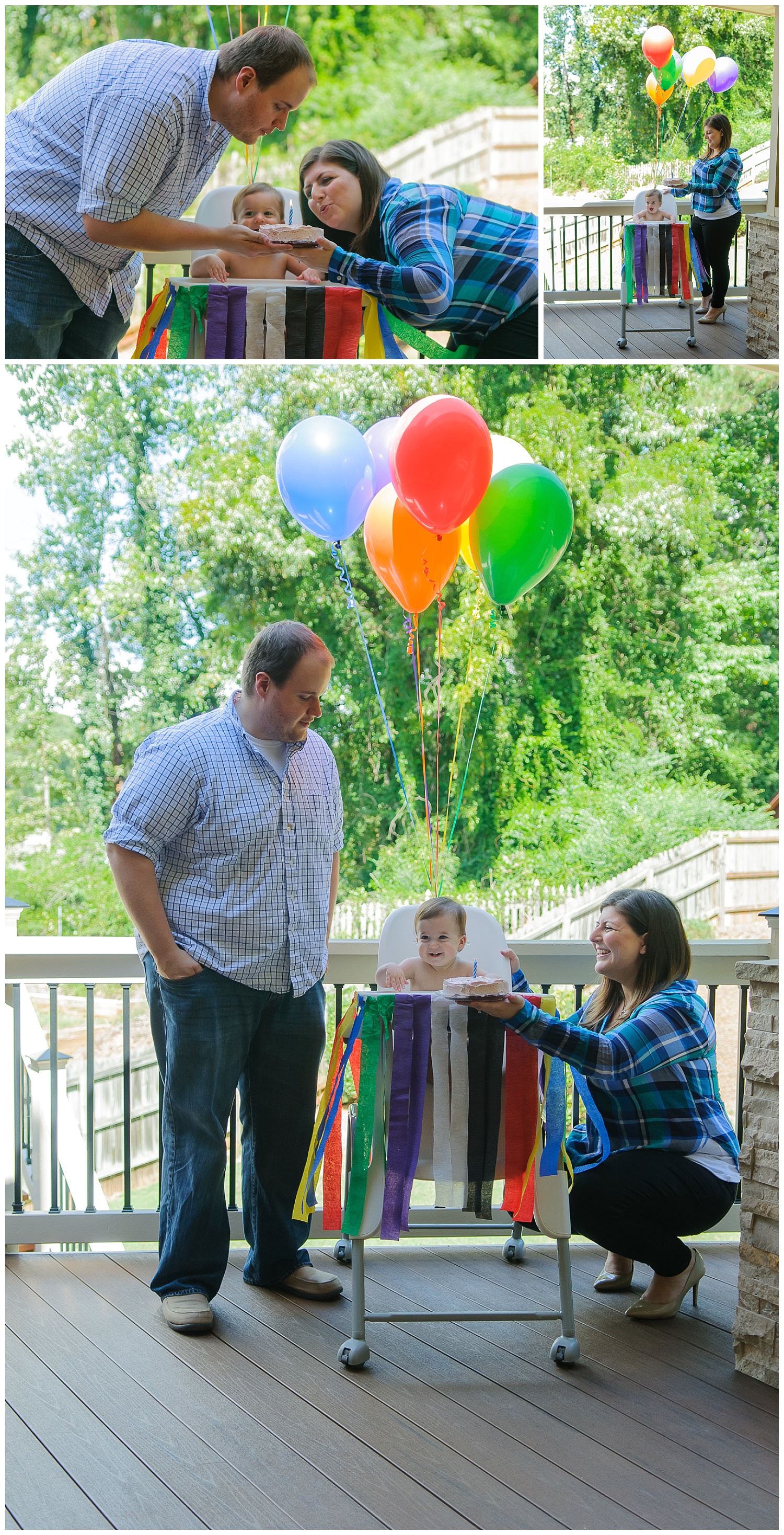 these are stacked images of a mother, father, and their one year old son. they are outside with balloons and birthday cake and the child is about to have a cake smash.