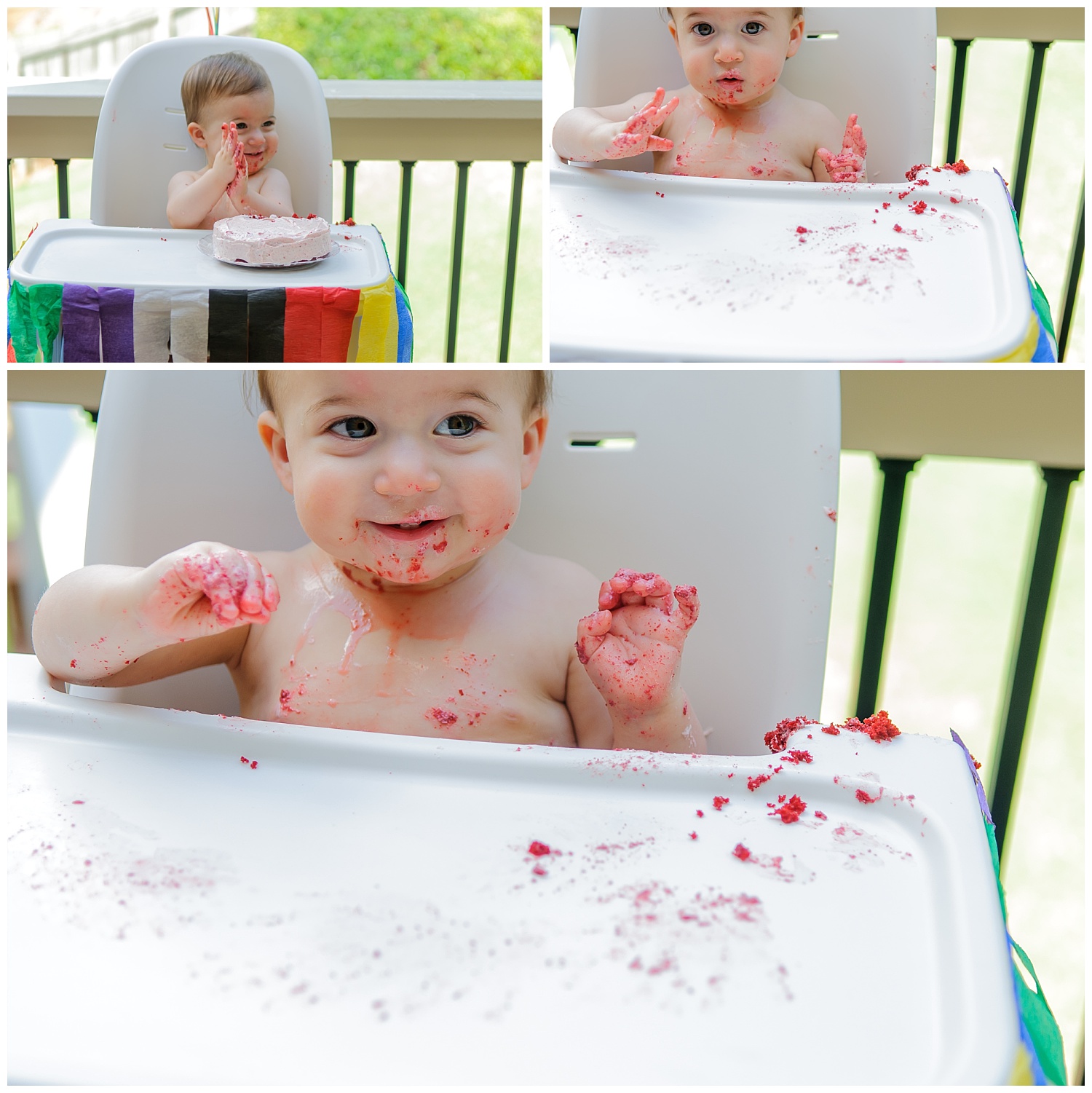 these are images of a child with birthday cake on his face and hands. the images were taken at a one year old cake smash in  marietta, georgia.