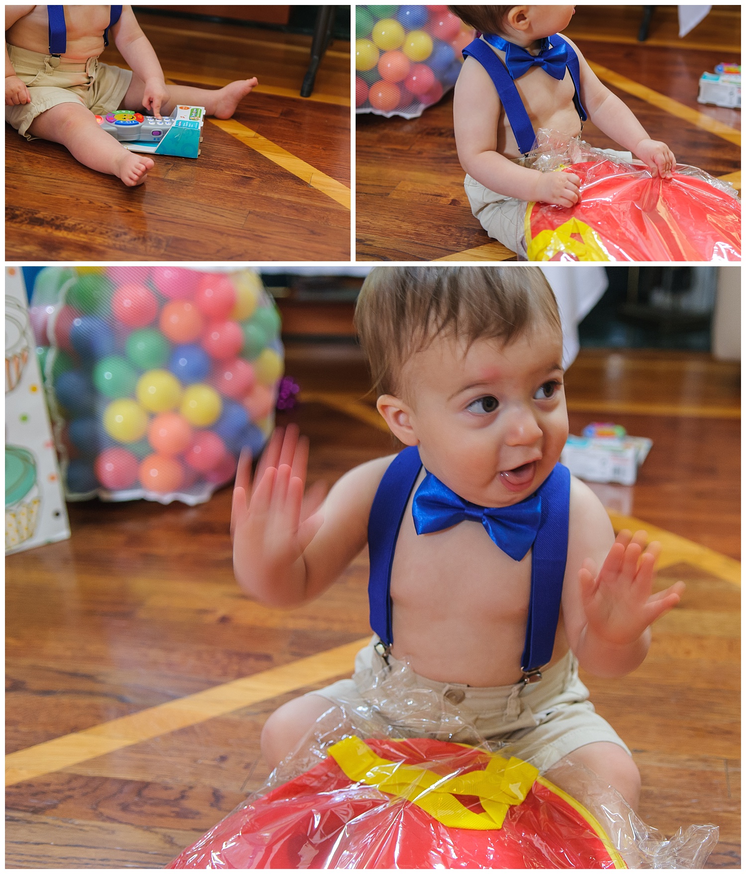 these are images of a one year old child wearing a bow tie and opening presents at his one year old birthday party in marietta, georgia.